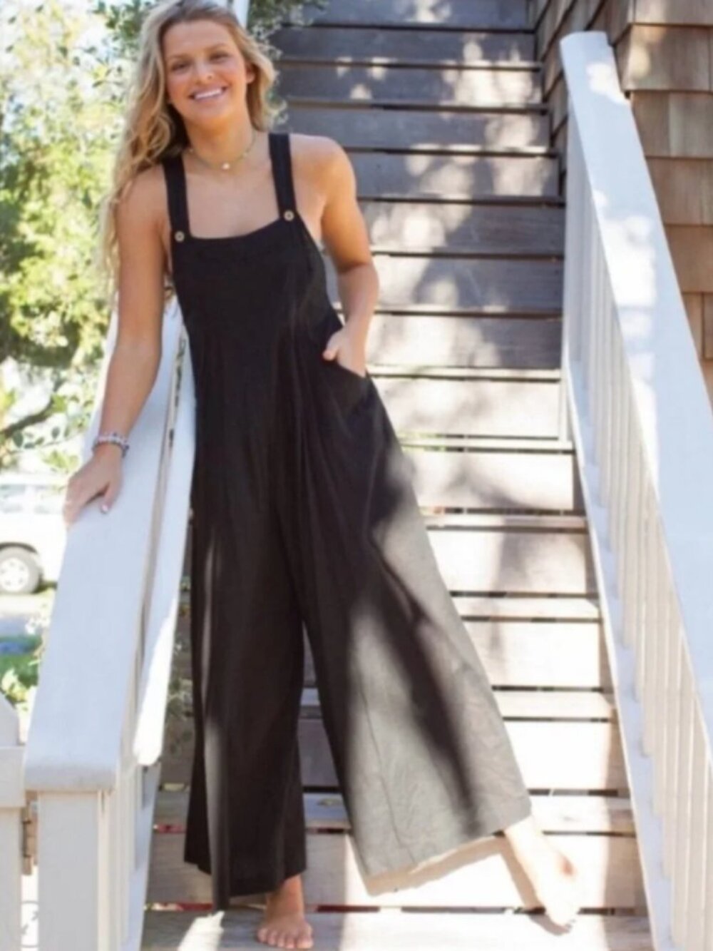 Natural Life Carrington Black Jumpsuit Adjustable Straps Pockets Boho Size Large